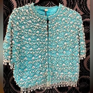 Vintage hand beaded 1950s cardigan sweater￼